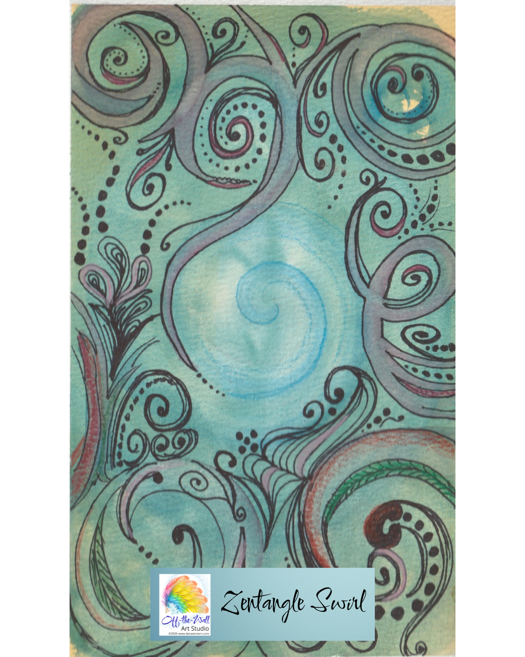 LTD EDITION SIGNED MATTE PRINTS "ZEN TANGLE SWIRL" WITH WATERCOLOR, COLOR PENCIL, BLACK ACRYLIC.