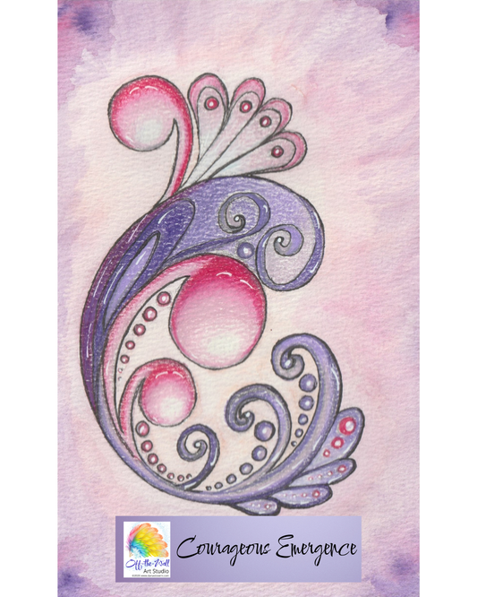 LTD EDITION SIGNED MATTE PRINTS FOR "COURAGEOUS EMERGENCE " WITH WATERCOLOR, COLOR PENCIL, ACRYLIC BLACK, GEL PEN WHITE