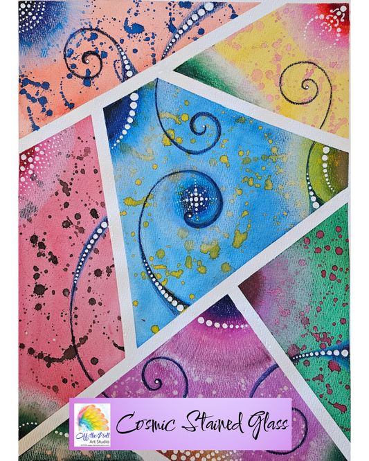 LTD EDITION SIGNED MATTE PRINTS IN 3 SIZES FOR "COSMIC STAINED GLASS" WITH WATERCOLOR, COLOR PENCIL, WHITE GEL